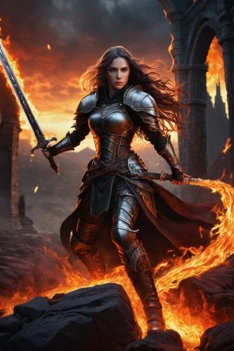 female warrior,heroic fantasy,warrior woman,fire background,massively multiplayer online role-playing game,swordswoman,joan of arc,woman fire fighter,fantasy art,flame of fire,the conflagration,firethorn,fire master,fiery,fantasy picture,pillar of fire,burning torch,fantasy warrior,fire siren,fire angel,Illustration,Realistic Fantasy,Realistic Fantasy 26