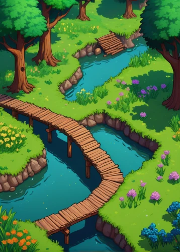 wooden bridge,log bridge,wooden path,wooden mockup,forest path,ravine,hiking path,cartoon video game background,druid grove,pathway,winding steps,scenic bridge,the brook,tree top path,forest glade,fairy forest,a small waterfall,hangman's bridge,isometric,backgrounds,Conceptual Art,Fantasy,Fantasy 09