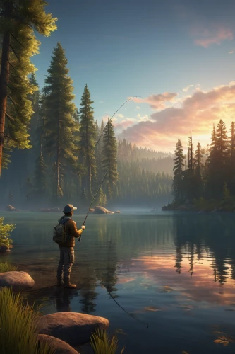 big-game fishing,witcher,casting (fishing),fly fishing,river pines,salt meadow landscape,lakeside,fishing classes,fishing,spruce forest,fishing camping,evening lake,fisherman,beautiful lake,eventide,game art,the evening light,idyllic,beauty scene,croft,Conceptual Art,Daily,Daily 27