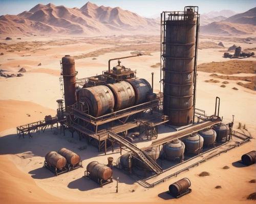 dust plant,mining facility,industries,heavy water factory,industrial landscape,refinery,concrete plant,powerplant,combined heat and power plant,chemical plant,industrial plant,wasteland,power plant,oil industry,industrial ruin,erbore,solar cell base,the desert,capture desert,oil tank,Illustration,Realistic Fantasy,Realistic Fantasy 12