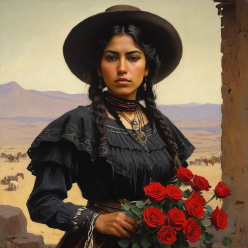 peruvian women,desert flower,rosa bonita,way of the roses,holding flowers,mariachi,red roses,old country roses,southwestern,prairie rose,mexican culture,adelita,culture rose,rosa peace,rosa,romantic portrait,happy day of the woman,with roses,red rose,noble roses,Art,Classical Oil Painting,Classical Oil Painting 32