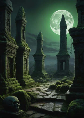 ancient city,necropolis,druid stone,halloween background,mausoleum ruins,tombstones,haunted cathedral,the ruins of the,ghost castle,hall of the fallen,fantasy landscape,patrol,ancient,old graveyard,background with stones,sepulchre,the ancient world,mortuary temple,fantasy picture,the mystical path,Illustration,Realistic Fantasy,Realistic Fantasy 12
