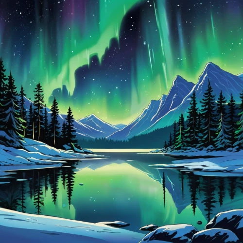 the northern lights,northern lights,aurora borealis,northen lights,norther lights,northern light,auroras,polar lights,nothern lights,green aurora,boreal,christmas snowy background,christmas landscape,aurora colors,cartoon video game background,yukon territory,winter background,aurora,polar aurora,alaska,Illustration,American Style,American Style 13