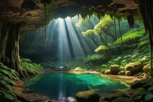 cenote,underground lake,cave on the water,underwater oasis,cartoon video game background,fantasy landscape,cave tour,cave,blue cave,karst landscape,mountain spring,pit cave,rainforest,light rays,fantasy picture,rain forest,world digital painting,sea cave,3d background,fairy world,Illustration,Japanese style,Japanese Style 16