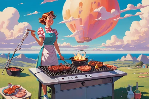 cooking book cover,red cooking,barbecue,star kitchen,cooking,barbeque,bbq,summer bbq,girl in the kitchen,outdoor cooking,cookery,food and cooking,cooks,stove top,making food,barbeque grill,chefs,cooktop,grilling,stove,Illustration,Children,Children 02