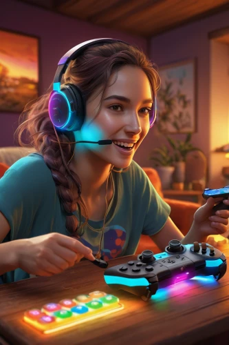 girl at the computer,game illustration,woman playing,dj,gamer,gaming,consoles,wireless headset,home game console accessory,controller,headset,video gaming,gamers round,gamepad,games console,game consoles,girl studying,cg artwork,gamers,computer game,Illustration,Realistic Fantasy,Realistic Fantasy 28