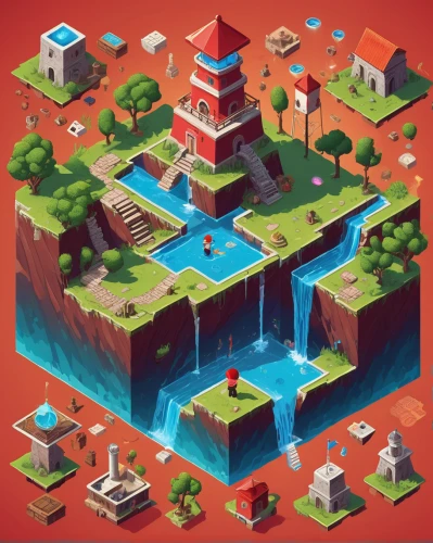 isometric,artificial island,floating islands,artificial islands,game illustration,chasm,diamond lagoon,wishing well,floating island,island suspended,a small waterfall,lagoon,game art,map icon,tower fall,cube sea,mushroom island,water well,collected game assets,waterfalls,Unique,Design,Infographics