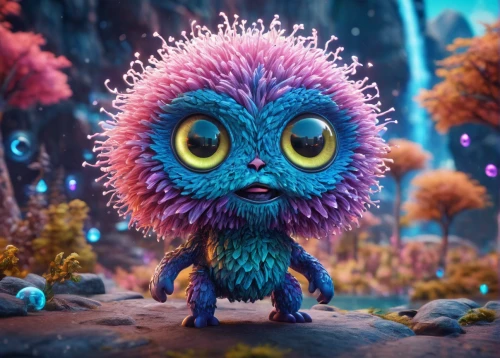 prickle,anthropomorphized animals,fairy peacock,cute cartoon character,cuthulu,ori-pei,knuffig,urchin,new world porcupine,coral guardian,spore,hedgehog,pompom,hedgehog child,pumi,prickly,microbe,antasy,puli,anthill,Unique,3D,Panoramic