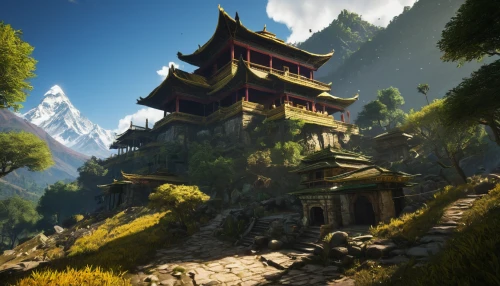 chinese temple,mountain settlement,tigers nest,asian architecture,the golden pavilion,house in mountains,house in the mountains,golden pavilion,mountain scene,yunnan,chinese architecture,stone pagoda,buddhist temple,mountain village,pagoda,oriental,chinese background,mountain huts,ancient house,mountain landscape,Unique,3D,Modern Sculpture