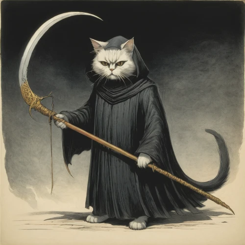 cat warrior,halloween cat,capricorn kitz,napoleon cat,scythe,chartreux,vintage cat,quarterstaff,grim reaper,grimm reaper,pall-bearer,swordsman,gray cat,the cat,cat-ketch,domestic cat,feline,halloween black cat,black cat,whiskered,Illustration,Black and White,Black and White 23