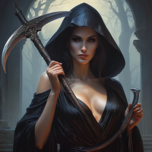 sorceress,scythe,priestess,huntress,fantasy portrait,gothic woman,vampire woman,gothic portrait,the witch,dark elf,the enchantress,swordswoman,vampire lady,dance of death,angel of death,witch,fantasy art,grim reaper,celebration of witches,witches,Conceptual Art,Fantasy,Fantasy 28