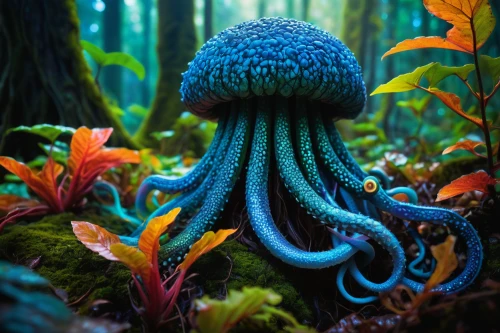 blue mushroom,octopus,cephalopod,forest mushroom,mushroom hat,coral guardian,tentacles,fun octopus,octopus tentacles,mushroom landscape,cuthulu,forest anemone,cnidarian,under sea,tentacle,blue monster,blue anemone,aquarium decor,cnidaria,poisonous,Art,Artistic Painting,Artistic Painting 38