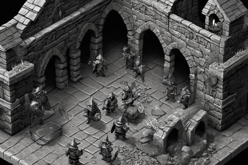 prejmer,dungeon,dungeons,castle iron market,miniatures,hall of the fallen,medieval street,tavern,escher village,mausoleum ruins,miniature figures,crypt,game illustration,escher,diorama,catacombs,witch's house,medieval architecture,castle of the corvin,sepulchre,Illustration,Black and White,Black and White 11