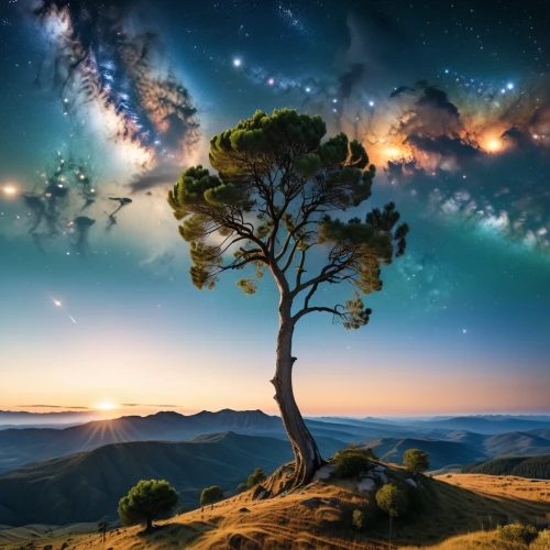 lone tree,magic tree,isolated tree,astronomy,fantasy landscape,planet alien sky,earth in focus,tree of life,fantasy picture,celestial phenomenon,beautiful landscape,alien planet,colorful tree of life,the milky way,landscape background,argan tree,nature landscape,mother earth,panoramic landscape,fractal environment,Photography,General,Realistic
