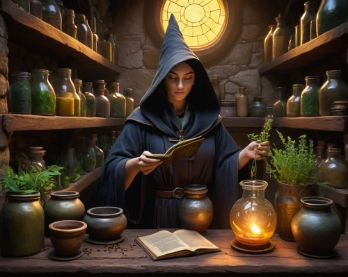 apothecary,candlemaker,alchemy,potions,spell,magus,magic book,wizard,the wizard,merchant,mage,fantasy art,fantasy picture,shopkeeper,divination,cauldron,fantasy portrait,scholar,magic grimoire,magical pot,Art,Artistic Painting,Artistic Painting 05