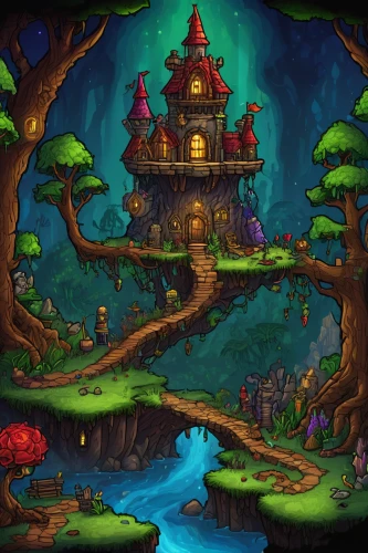 witch's house,fairy village,druid grove,fairy house,halloween background,house in the forest,treehouse,tree house,haunted forest,aurora village,fairy tale castle,cartoon video game background,halloween wallpaper,mushroom island,devilwood,fairy forest,mushroom landscape,fairy world,haunted castle,the haunted house,Illustration,Realistic Fantasy,Realistic Fantasy 40