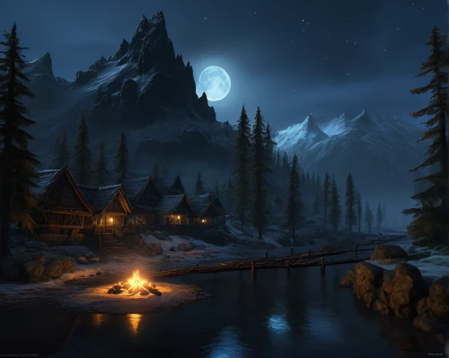 moonlit night,night scene,fantasy landscape,northrend,moonlit,skyrim,mountain settlement,devilwood,campfires,light of night,fantasy picture,moonrise,nightscape,romantic night,moonlight,moon and star background,landscape background,night watch,salt meadow landscape,night image,Illustration,Abstract Fantasy,Abstract Fantasy 15