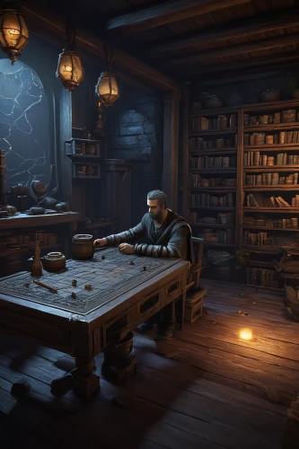 apothecary,gnomes at table,tinsmith,tavern,gnome and roulette table,scholar,game illustration,writing desk,collected game assets,watchmaker,wooden table,study room,woodwork,librarian,candlemaker,wooden desk,merchant,game room,reading room,card table,Illustration,Realistic Fantasy,Realistic Fantasy 17