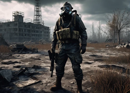 pripyat,post apocalyptic,chernobyl,pubg mascot,wasteland,fallout4,steel helmet,combat medic,gas mask,fallout,trench coat,pollution mask,war correspondent,stalingrad,chemical plant,post-apocalyptic landscape,gamekeeper,post-apocalypse,coveralls,hooded man,Illustration,Retro,Retro 25