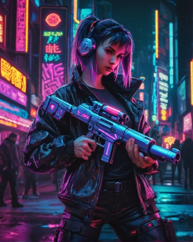 cyberpunk,girl with gun,hk,girl with a gun,80s,futuristic,operator,cyber,terminator,vapor,mute,ultraviolet,dystopian,aesthetic,neon,scifi,dystopia,enforcer,pink vector,kalashnikov,Unique,Pixel,Pixel 04