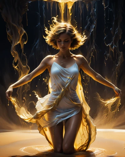 solar plexus chakra,sorceress,light bearer,transistor,fire dancer,priestess,firedancer,arnica,dryad,golden crown,zodiac sign libra,sci fiction illustration,citrine,torch-bearer,golden rain,gold foil mermaid,the enchantress,divine healing energy,tiber riven,divination,Conceptual Art,Fantasy,Fantasy 02