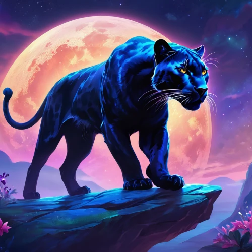 panther,canis panther,zodiac sign leo,felidae,blue tiger,panthera leo,jaguar,head of panther,big cat,ursa,cat on a blue background,midnight blue,lion - feline,fantasy picture,constellation wolf,king of the jungle,leopard's bane,horoscope taurus,leo,big cats,Illustration,Realistic Fantasy,Realistic Fantasy 01