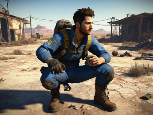 fallout4,fallout,blue-collar worker,blue-collar,fresh fallout,wasteland,mad max,croft,male character,videogames,bodie,steel-toed boots,coveralls,blue-winged wasteland insect,videogame,mechanic,game character,mercenary,vendor,combat medic,Art,Classical Oil Painting,Classical Oil Painting 35
