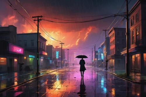 walking in the rain,world digital painting,evening atmosphere,rainy,girl walking away,rainstorm,atmosphere,heavy rain,man with umbrella,rain,golden rain,alley,rainy day,umbrellas,rains,rainy season,digital painting,after rain,rain of fire,alleyway,Illustration,Vector,Vector 07