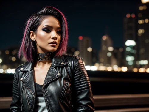 against the current,leather jacket,banks,dark purple,photo session at night,myna,mini,portrait photography,purple background,city ​​portrait,portrait background,ipê-purple,black leather,birds of prey-night,leather,punk,concrete background,goth woman,lycia,toni