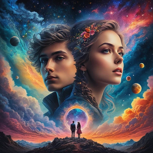 valerian,artists of stars,sci fiction illustration,cg artwork,gemini,andromeda,q30,two people,passengers,universe,way of the roses,media concept poster,cosmos,romantic portrait,twilight,astronomers,world digital painting,cygnus,the universe,fantasy picture,Photography,General,Fantasy
