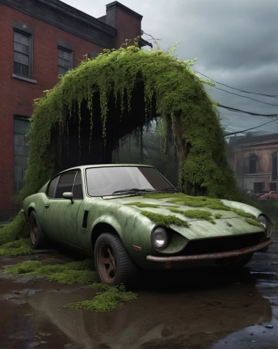 planted car,scrapped car,abandoned car,berlinetta,opel gt,lamborghini miura,algae,green tree,green waste,lotus elite,sustainable car,lotus europa,weather-beaten,moss,maserati mistral,overgrown,ferrari 250 gt drogo,volvo p1800,brick grass,iso grifo,Conceptual Art,Daily,Daily 22