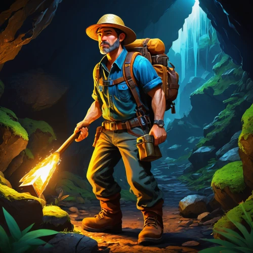 mountain guide,adventurer,indiana jones,caving,miner,explorer,hiker,game illustration,cave tour,raft guide,backpacker,free wilderness,forest workers,farmer in the woods,geologist,biologist,cave man,park ranger,backpacking,mountaineer,Illustration,American Style,American Style 08