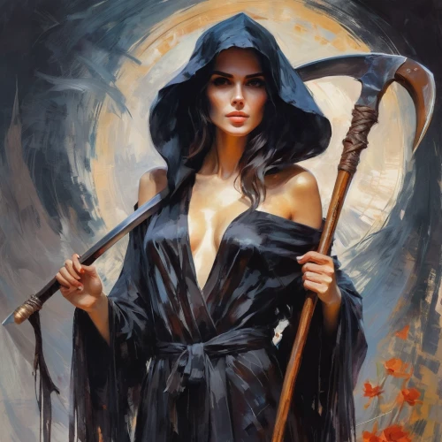 sorceress,scythe,swordswoman,grimm reaper,huntress,fantasy art,witch,fantasy portrait,the witch,witches,fantasy woman,grim reaper,dark elf,gothic woman,the enchantress,dark angel,witch broom,priestess,halloween witch,angel of death,Conceptual Art,Oil color,Oil Color 10