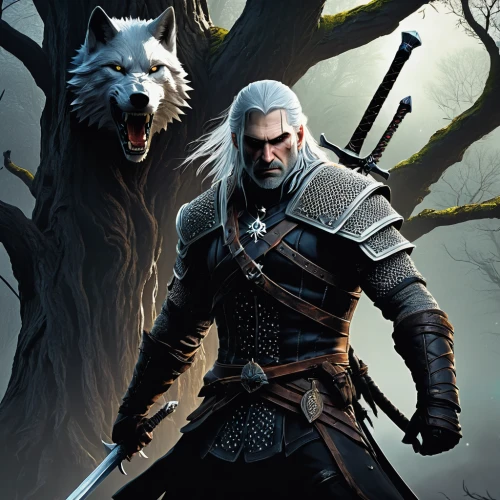 witcher,white walker,wolf hunting,heroic fantasy,game illustration,massively multiplayer online role-playing game,gray wolf,dark elf,thorin,gamekeeper,lone warrior,nordic bear,dane axe,warrior and orc,two wolves,fantasy art,warlord,fantasy warrior,norse,cullen skink,Conceptual Art,Fantasy,Fantasy 12