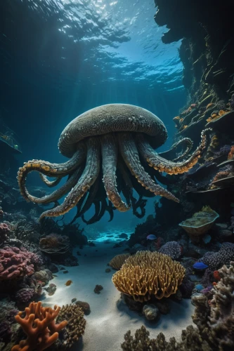 underwater landscape,sea life underwater,undersea,octopus,lembeh,marine invertebrates,cnidaria,cephalopod,sea animals,cephalopods,marine biology,underwater world,underwater background,deep sea,sea anemone,anemone of the seas,marine life,the bottom of the sea,octopus tentacles,large anemone,Photography,General,Sci-Fi