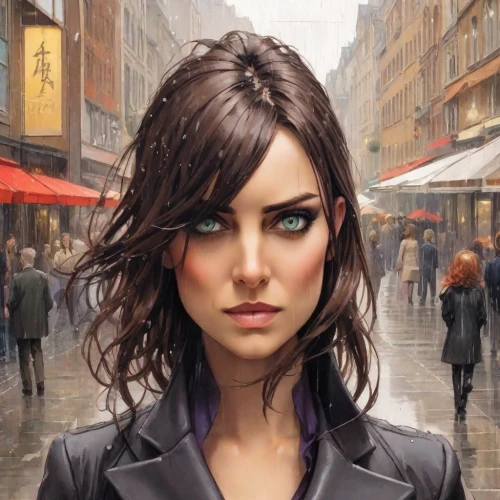 city ​​portrait,walking in the rain,sci fiction illustration,world digital painting,the girl's face,femme fatale,game illustration,portrait background,vesper,mystery book cover,girl walking away,spy,background images,rosa ' amber cover,the girl at the station,pedestrian,fantasy portrait,fantasy art,in the rain,a pedestrian,Digital Art,Comic