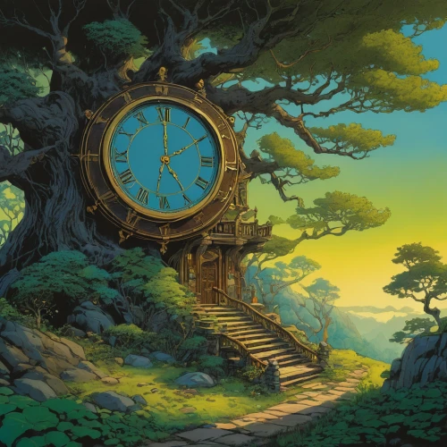 grandfather clock,studio ghibli,clockmaker,flow of time,time spiral,out of time,myst,time machine,fantasy picture,world clock,time,time pointing,cartoon video game background,spring forward,fantasy world,clock face,primeval times,clocks,time passes,four o'clocks,Illustration,Realistic Fantasy,Realistic Fantasy 04