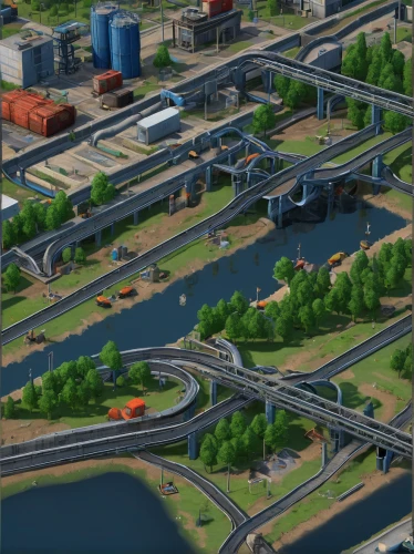 industrial area,highway roundabout,inland port,industrial landscape,transport hub,wastewater treatment,container terminal,industrial plant,urban development,cargo port,city highway,infrastructure,sewage treatment plant,construction area,river course,business district,water courses,autostadt wolfsburg,elevated railway,industrial tubes,Illustration,American Style,American Style 01