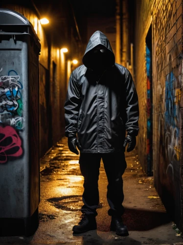 hooded man,unhoused,anonymous,blind alley,shoreditch,slum,homeless man,homeless,outerwear,overcoat,slums,alleyway,grime,poverty,cash point,parka,national parka,letterbox,phone booth,urban,Conceptual Art,Fantasy,Fantasy 08