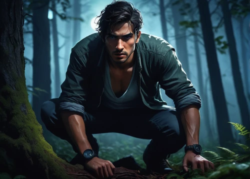 game illustration,forest man,cg artwork,farmer in the woods,game art,sci fiction illustration,the wanderer,woodsman,portrait background,daemon,forest background,male character,biologist,tarzan,nature and man,in the forest,croft,redwood,lumberjack,pines,Conceptual Art,Fantasy,Fantasy 21