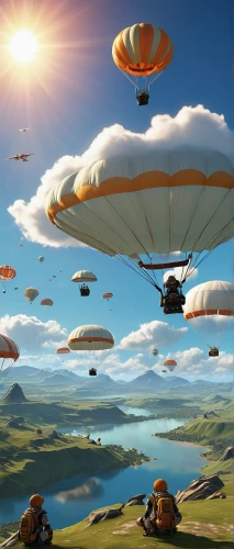 airships,hot-air-balloon-valley-sky,airship,aerostat,zeppelins,air ship,paragliders-paraglider,parachuting,balloon trip,parachutes,hot air balloons,paragliders,flying seeds,cartoon video game background,paraglide,paragliding-paraglider,hot air balloon rides,paratrooper,flying machine,air transport,Illustration,Realistic Fantasy,Realistic Fantasy 14