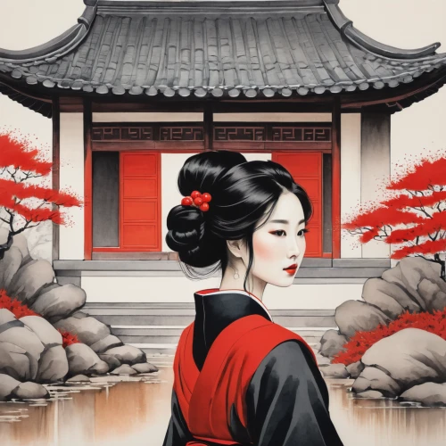 geisha,geisha girl,cool woodblock images,japanese art,chinese art,oriental painting,junshan yinzhen,oriental princess,oriental girl,japanese woman,korean culture,japanese culture,oriental,hanbok,shinto,japan,kyoto,jeongol,japanese background,plum blossoms,Illustration,Japanese style,Japanese Style 09