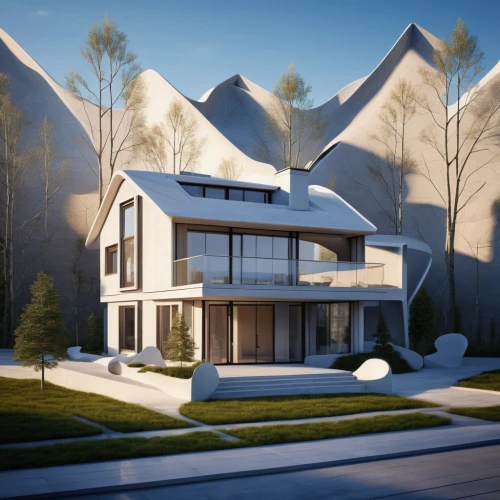 modern house,3d rendering,modern architecture,futuristic architecture,render,cubic house,house in mountains,house in the mountains,dunes house,eco-construction,frame house,modern style,arhitecture,house shape,contemporary,house in the forest,3d rendered,3d render,luxury home,folding roof,Photography,General,Realistic