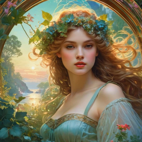 faery,faerie,fantasy portrait,emile vernon,mystical portrait of a girl,fairy queen,fantasy art,romantic portrait,girl in a wreath,fantasy picture,secret garden of venus,jessamine,flora,girl in flowers,flower fairy,girl in the garden,rusalka,fae,dryad,wreath of flowers,Conceptual Art,Fantasy,Fantasy 05