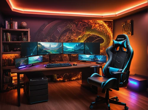 computer room,game room,fractal design,computer desk,monitor wall,desk,lures and buy new desktop,computer workstation,3d background,great room,secretary desk,monitors,creative office,new concept arms chair,modern room,setup,gamer zone,study room,playing room,visual effect lighting,Illustration,Realistic Fantasy,Realistic Fantasy 45