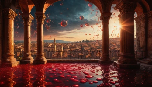fantasy picture,3d fantasy,fantasy landscape,hall of the fallen,fantasy art,photomanipulation,a drop of blood,photo manipulation,red balloon,fantasy world,digital compositing,fantasia,istanbul,floor fountain,fractals art,world digital painting,fantasy city,red balloons,constantinople,pomegranate,Photography,General,Fantasy