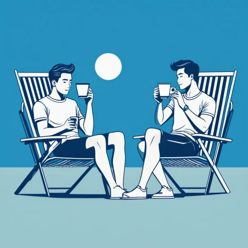 coffee tea illustration,beach furniture,summer icons,summer clip art,conversation,beach chairs,deckchair,deckchairs,blue coffee cups,men sitting,chatting,deck chair,two people,coffee break,sunlounger,coffee icons,drinking coffee,low poly coffee,summer line art,tea drinking,Illustration,Vector,Vector 01