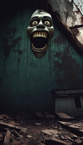 creepy doorway,creepy house,creepy clown,haunted house,photo manipulation,photoshop manipulation,urbex,horror clown,scary clown,wooden mask,asylum,the haunted house,unhappy smiley,scare,madhouse,3d render,nightmare,photomanipulation,derelict,comedy tragedy masks,Illustration,Paper based,Paper Based 10