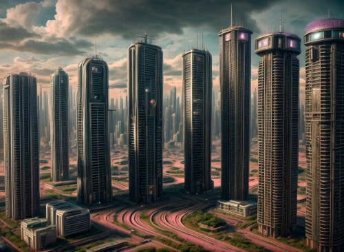 futuristic landscape,futuristic architecture,urban towers,skyscrapers,skyscraper town,high rises,dystopian,high-rises,urbanization,tall buildings,fantasy city,metropolis,metropolises,urban development,sky city,skyline,city blocks,international towers,city cities,city scape