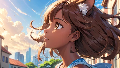 city ​​portrait,looking up,girl with speech bubble,little girl in wind,summer sky,violet evergarden,street cat,studio ghibli,euphonium,world digital painting,summer background,summer day,honolulu,stray cat,summer crown,summer evening,cg artwork,digital painting,bright sun,sunny day,Anime,Anime,General